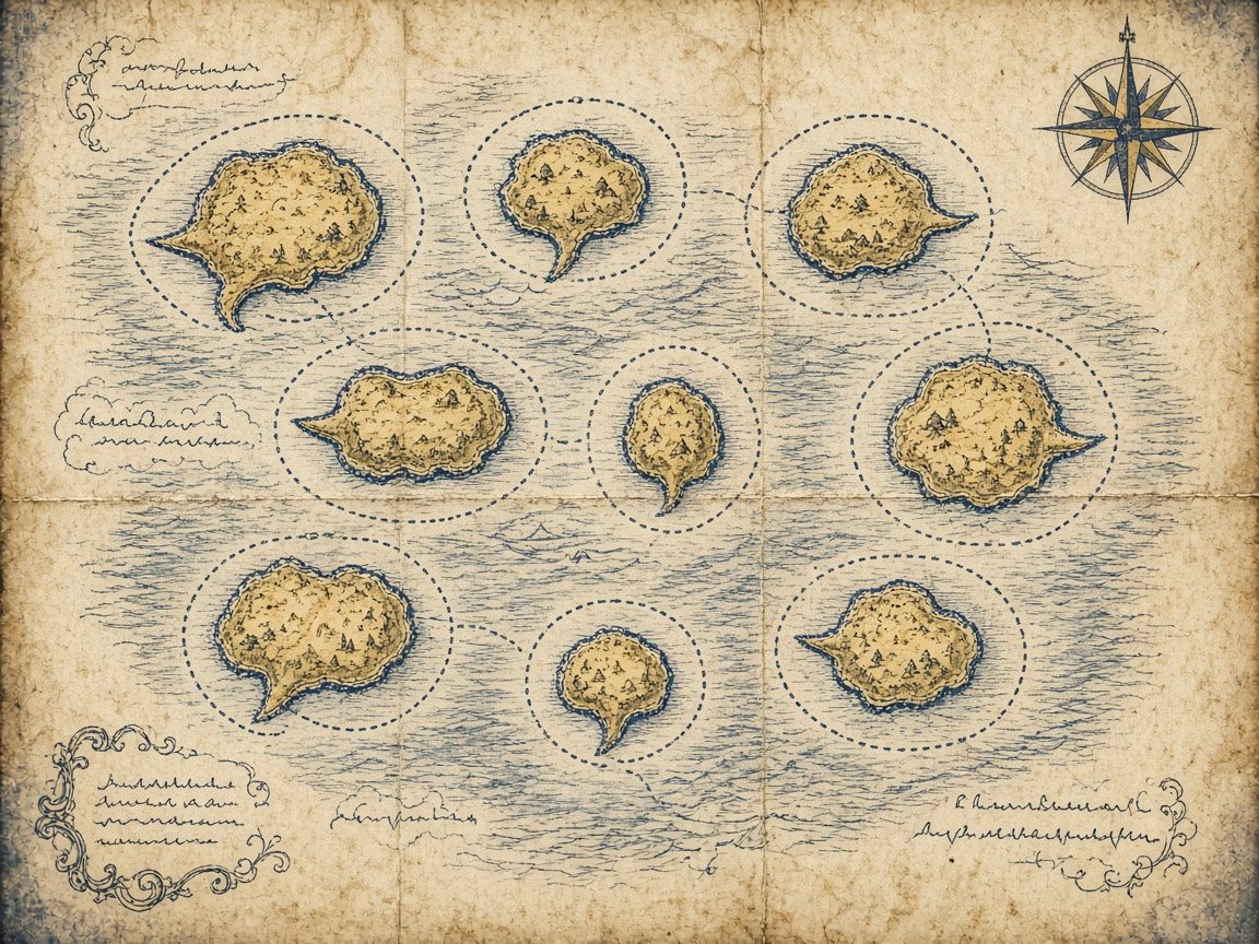 Vintage navy and ochre map of speech-bubble-shaped islands, each circled by a dotted route that loops back to itself.