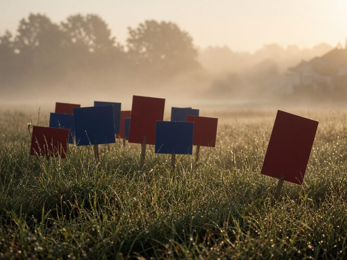 Blank red and blue signs standing in misty grass at dawn like a grazing herd.
