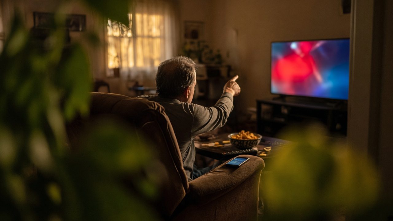 A man seen from behind in a recliner, pointing at a glowing television, photographed through houseplant leaves like a wildlife shot.