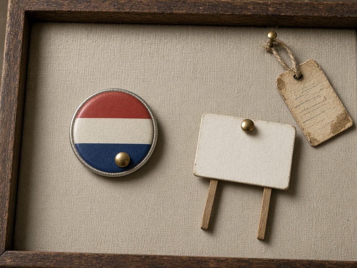A blank red, white, and blue campaign button and a tiny blank sign pinned to linen in a wooden specimen case.